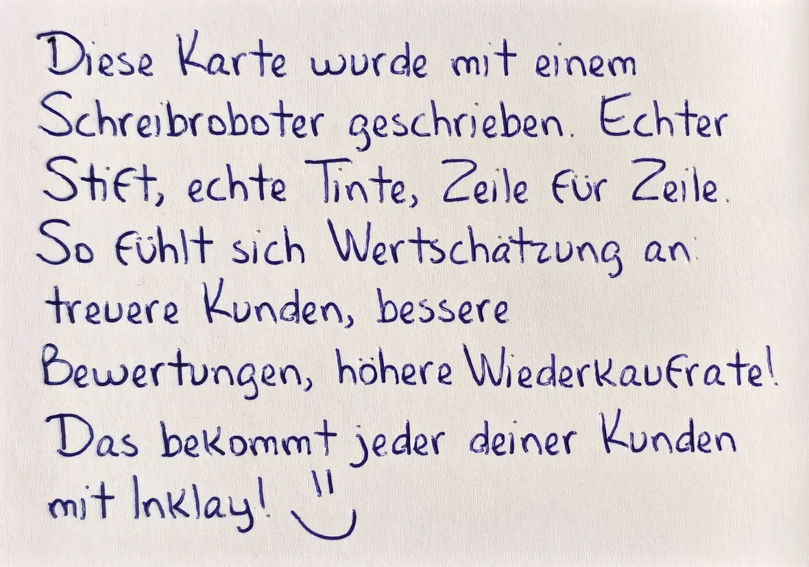 Handwritten Inklay card, written with a blue ballpoint pen