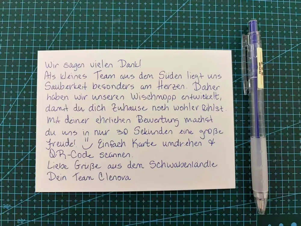 Handwritten card from a household brand, ballpoint pen